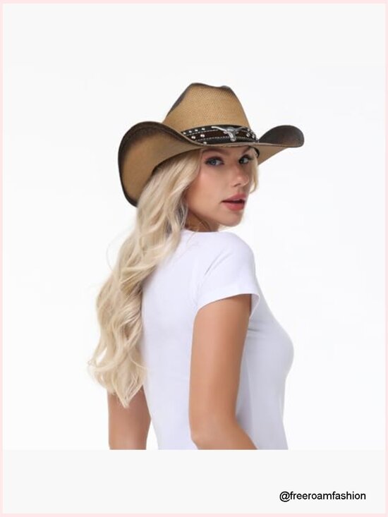 Straw Wide Brim Cowboy Hat, Shapeable Brim Western Hat Unisex main image 5